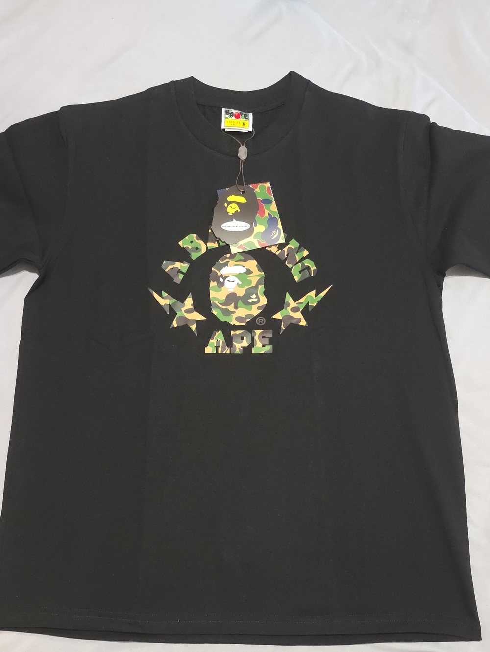 Bape Black Tee with Green Camo Logo